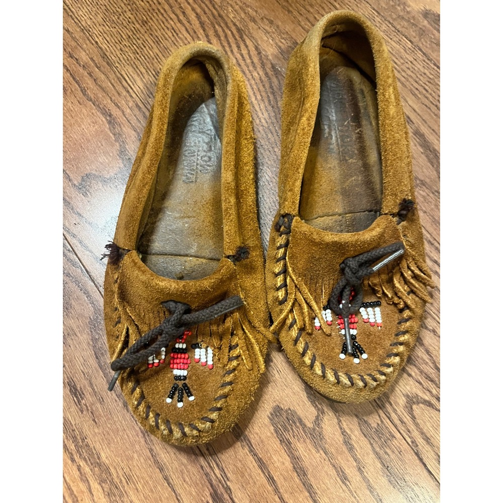 Minnetonka Thunderbird Moccasins 6.5 Brown Suede Beaded Fringed Shoes